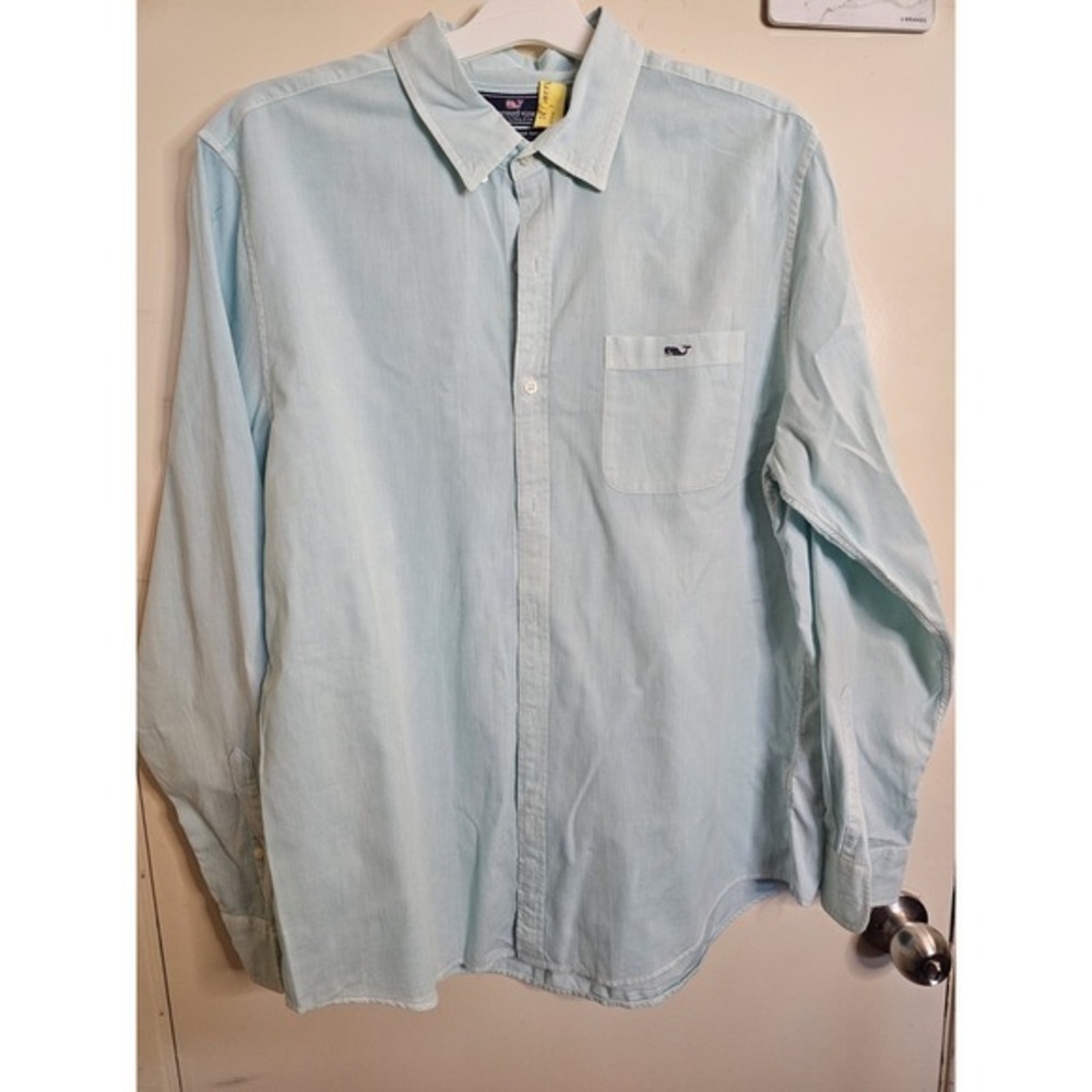 Vineyard Vines Shirt Men's Slim‎ Fit Tucker Size L Pastel Blue Green Cotton Silk